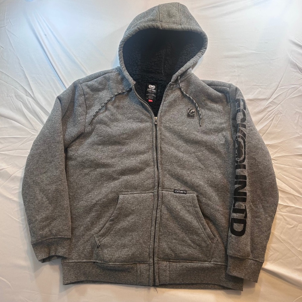 Ecko Unltd Mens Gray Sherpa Lined Full Zip Hoodie Sleeve Logo Sweatshirt Large